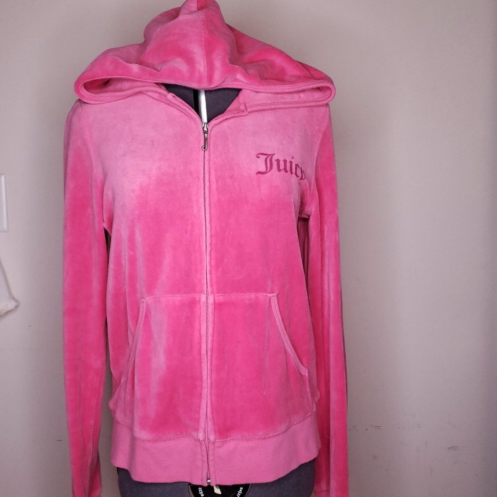 Med Large JUICY COUTURE Pink Velour Track Jacket Hot Pink Tracksuit Hoodie Dog